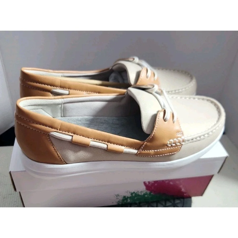 Clarks Beige and Tan Slip-On Platform Loafers with White Sole
